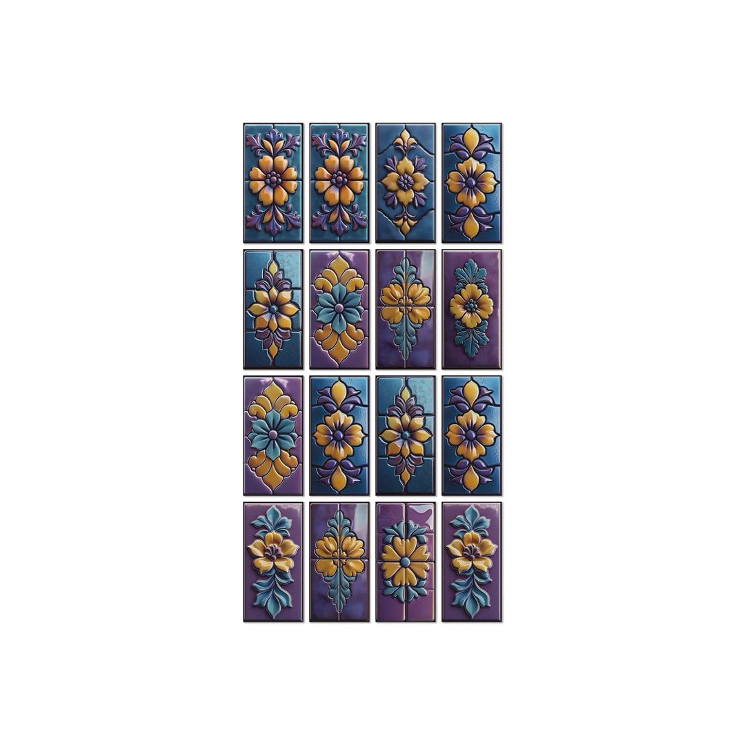 16 Pcs Foaming Board Vinyl Tiles Stickers Wall Decals 8" x 4" Purple Blue Yellow Flowers Pattern Mural Waterproof Peel and Stick Backsplash