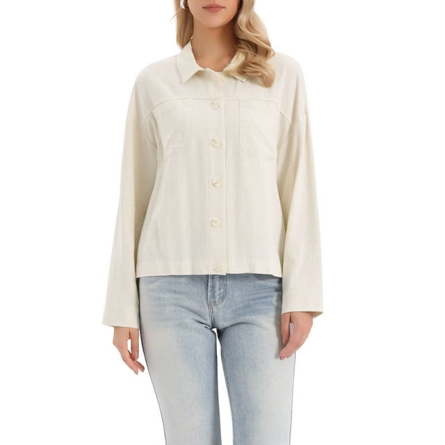 Chaqueta de lino INSPIRE CHIC para mujer, casual, de manga larga, con botones, tipo solapa, utilitaria, con bolsillos, tamaño S, color beige