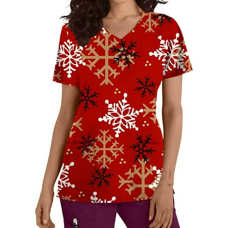 

Gallickan Holiday Scrubs Tops for Women Womens Short Sleeve V-neck Tops Uniform Christmas Printed Pockets Blouse Nursing Summer Savings