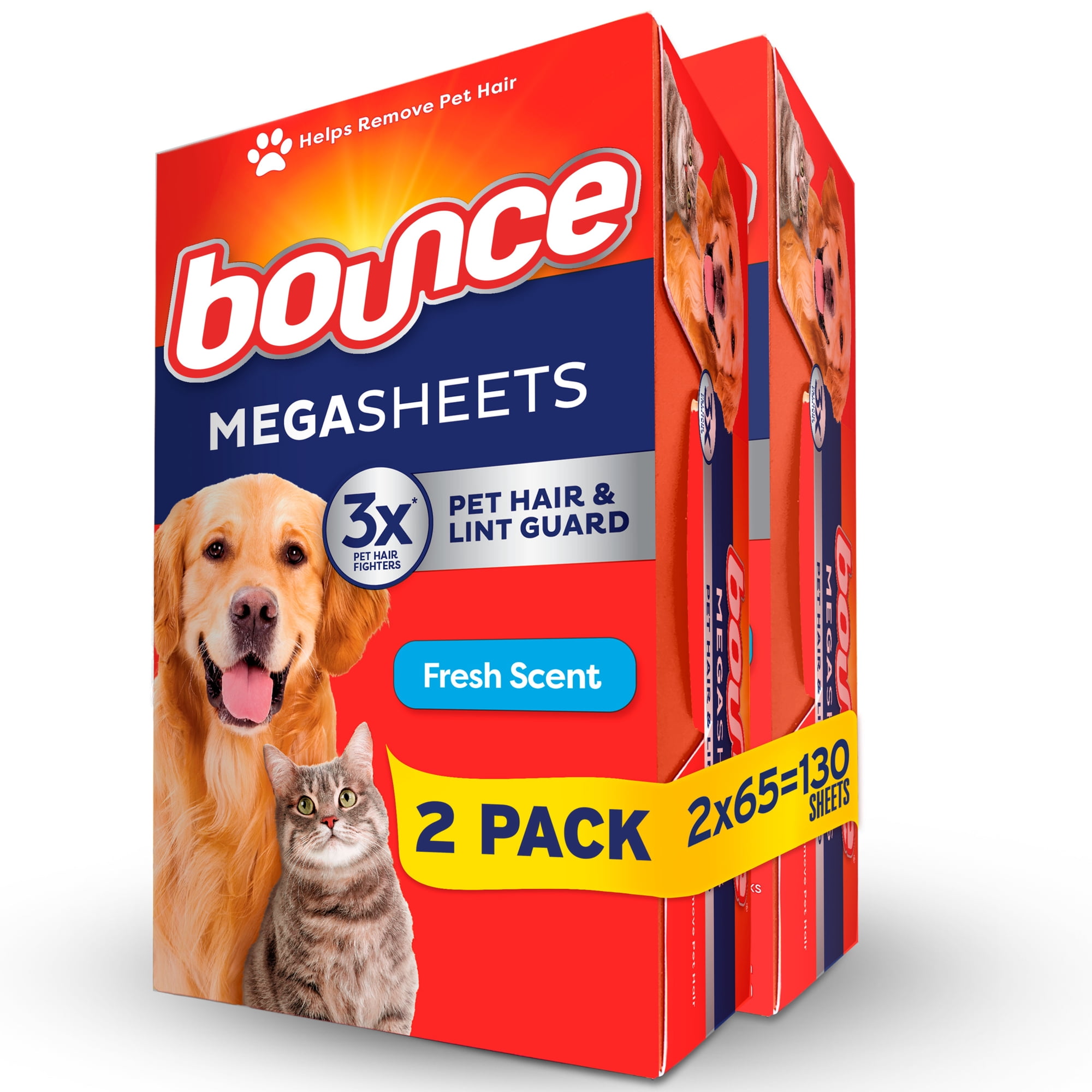 Bounce Dryer Sheets, Pet Hair and Lint Guard, Fresh Scent, 130 Mega Dryer Sheets