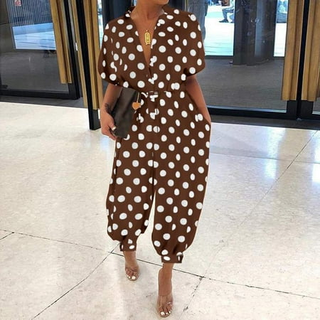 

Tangnade Jumpsuit For Women Plus Size Women Lady Wave Point Lapel Slim Long Button Rompers Long Pants Jumpsuits Stylish Clothing