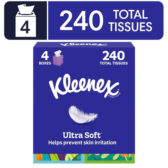 Kleenex Ultra Soft Facial Tissues, 4 Cube Boxes, 60 Tissues per Box, 3-Ply