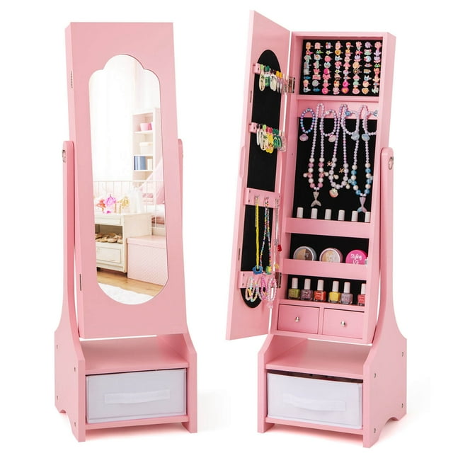 Costway Kids Jewelry Cabinet with Full-Length Mirror Drawer 2 Adjustable Tilt Angles Pink
