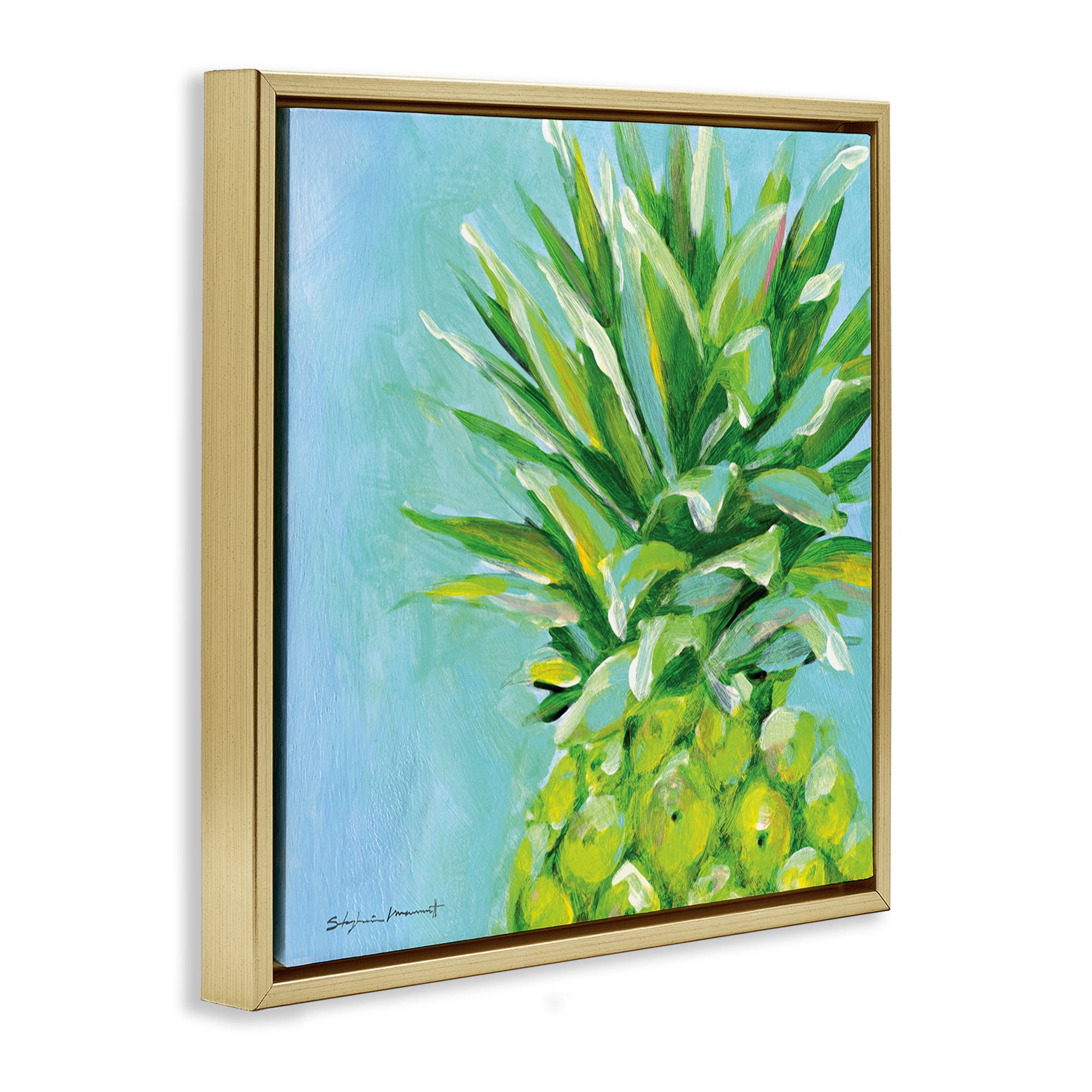 Stupell Industries Tropical Pineapple on Blue Food & Beverage Painting Gold Floater Framed Canvas Art Print Wall Art, 18 x 18
