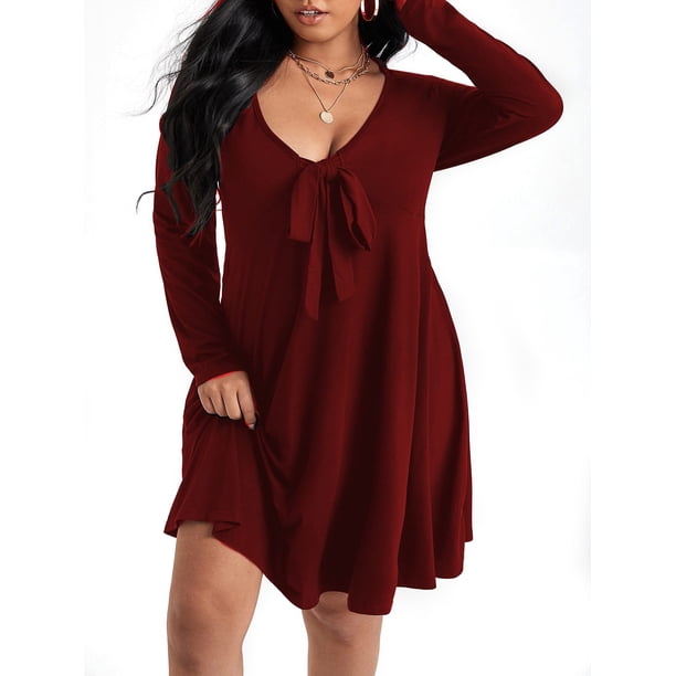 Vestido de manga larga para mujer Mini vestido con cuello en V y talla grande Romacci Vestido