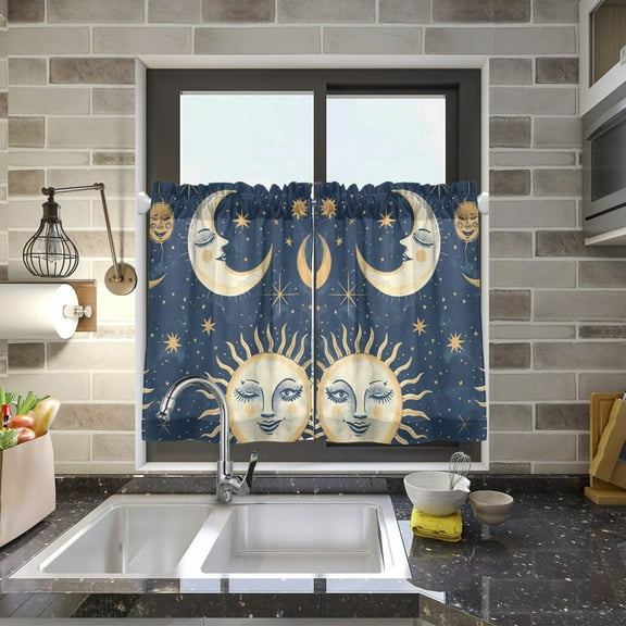 Whimsical Sun and Moon Kitchen Curtains Half Tier Curtain 2 Rod Pockets Bathroom Bedroom Cupborad Living Room 27"x24"