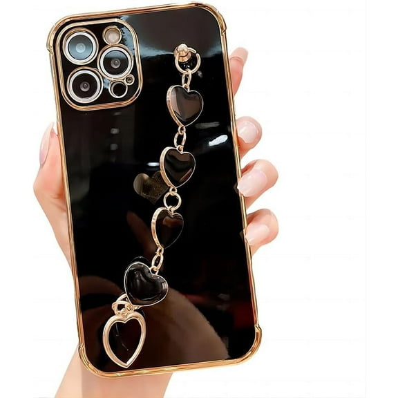for iPhone Case,Luxury ElectroPlated Love Heart Side Print with Hand Bracelet Camera Lens Protection Soft Shockproof Phone Case (Black,iPhone 11)