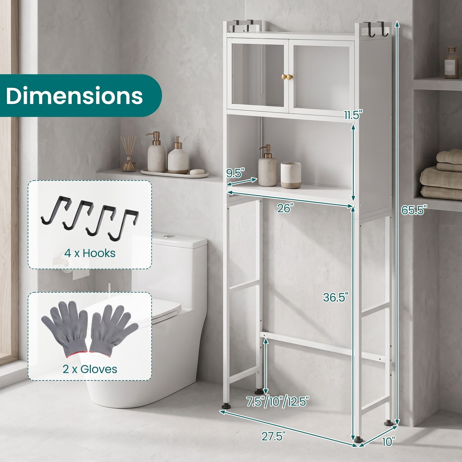 ALPULON Over the Toilet Cabinet Bathroom Organizer with 2 Flip-Up Fluted Door Cabinets and 4 Side Hooks for Storage, White