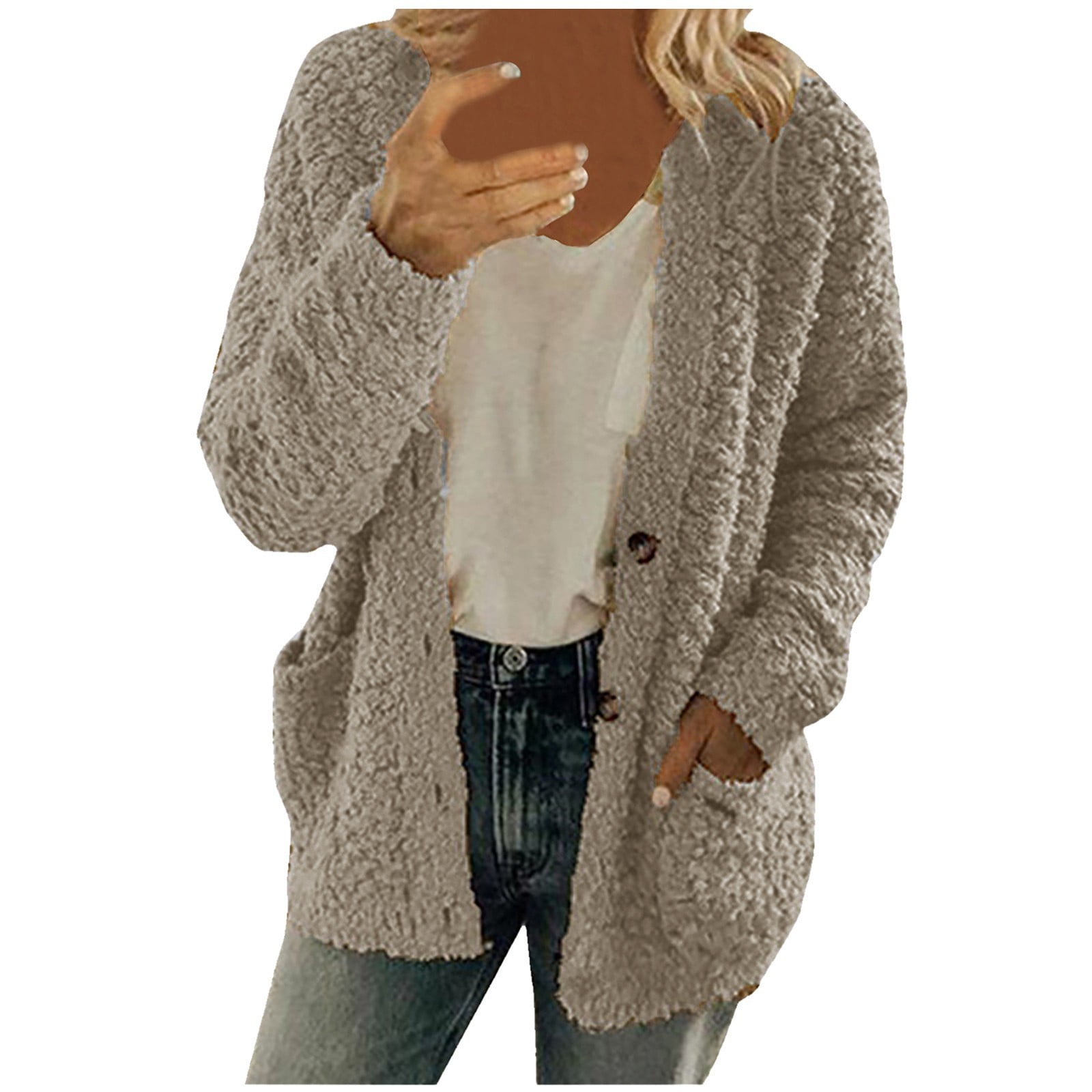 Felirenzacia Women Casual Plus Size Plush Sweater Pockets Outerwear ...