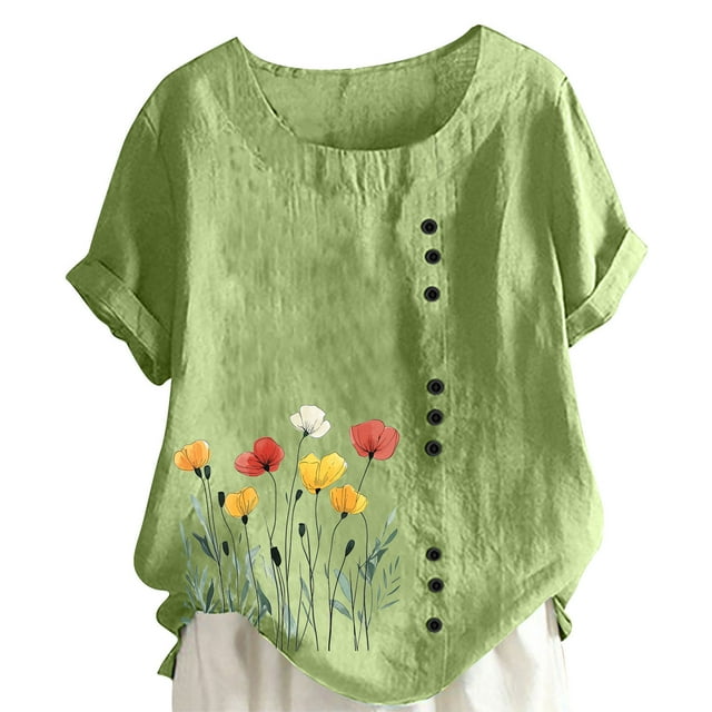 LMKIHUSA Chemise en Lin à Manches Courtes pour Femmes, Imprimé Floral Élégant, Hauts Boutonnés, Blouses à Col Rond, Tunique Décontractée Habillée Été 2025, Vert, P