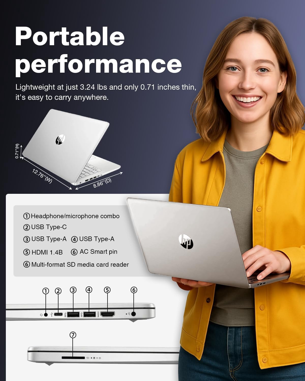 HP 14" Laptop Computer - HD Thin and Light Laptop • Intel 4-Core N150 • 16GB RAM • 128GB UFS + 256GB Micro SD • Windows 11 Pro • 1-Year Microsoft Office 365 • Bluetooth • Wi-Fi