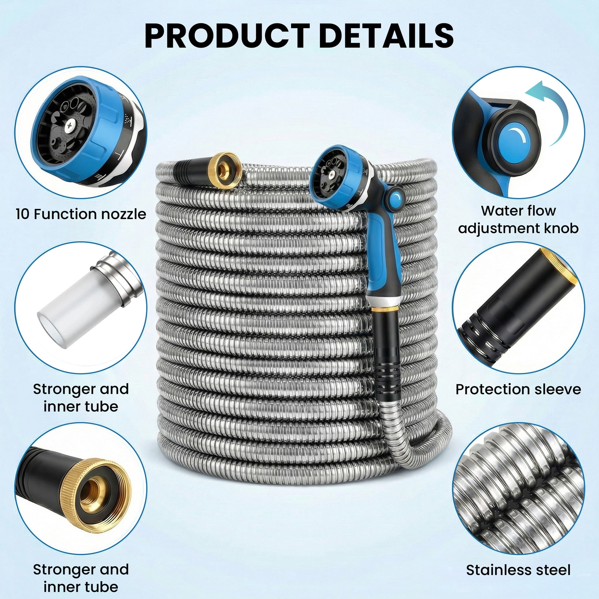 OHHANI Garden Hose 5/8" x 150ft with 10 Function Nozzle Stainless Steel Heavy-Duty Water Hose No Kink for Large Yard, Farm