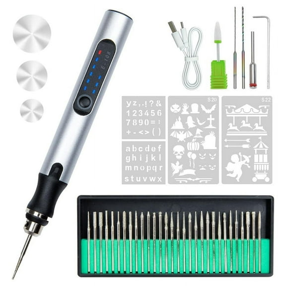 USB Rechargeable Engraving Pen with 36 Bits, Mini Electric Engraver Machines Cordless Rotary Tools, Silver