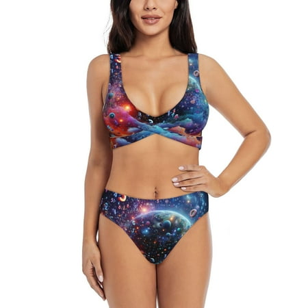 Zeuib Outer Space Floating Numbers And Letters High Waisted Tummy Control Bikini Set - Knot Front Push Up Top & Cheeky Thong Bottom  Two-Piece Swimsuit for Women-XX-Large