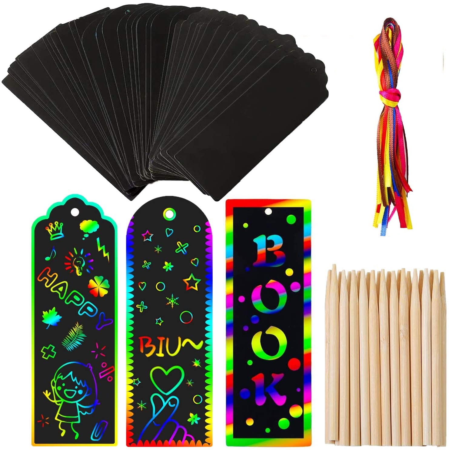 Bamboo Stylus Elcoho 48 Set Scratch Art Bookmark Paper Rainbow DIY Gift Tags with Satin Ribbons Rope for Party and Craft Supplies 