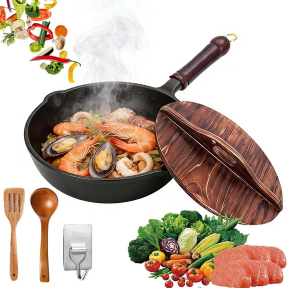 Japanese Cast Iron Wok, 10.5inch Hand Hammered Uncoated Carbon Steel Wok Pan, Flat Bottom Deep Frying Cookware for Electric, Induction & Gas Stoves (With wooden lid, 10.5inch)