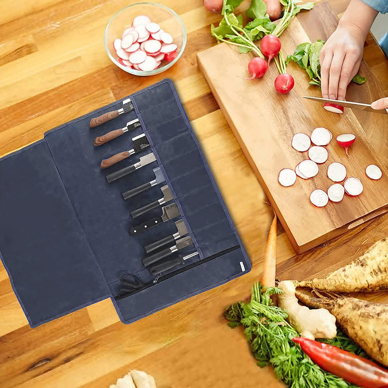 Knife Storage Bag, Knife Roll, Heavy Duty Knife Case, Waxed Canvas Chef  Knife Roll Bag, Fold Up Knife Holders, Canvas Cutlery Holder With 6 Slots,  Case Cooking Utensils, Knife Carrying Case Roll