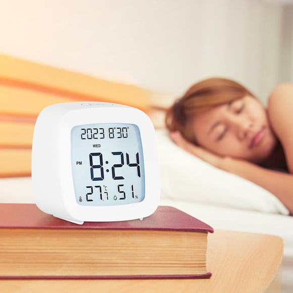 Fiudx Reloj Digital Lcd, Funcionamiento Silencioso, Pantalla de Temperatura y Humedad, Decoración Moderna para El Hogar, Reloj de Noche para Dormitorio, Pantalla Clara y Legible, Tamaño Compacto (8,2
