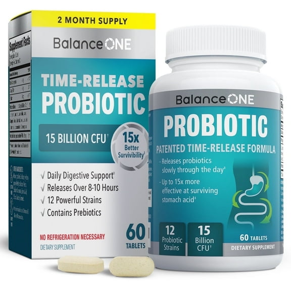 Balance ONE Time-Release Probiotic, 15 Billion CFUs, 12 Strains, 60 Tablets
