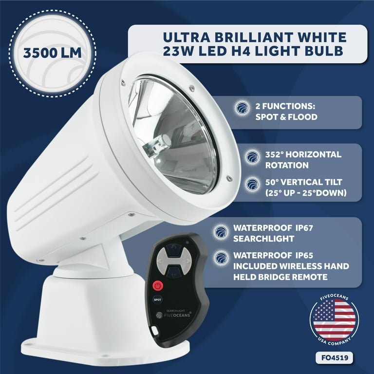 Marine Boat Wireless Remote Control Halogen Spotlight - 12V Water Resistant Work Light