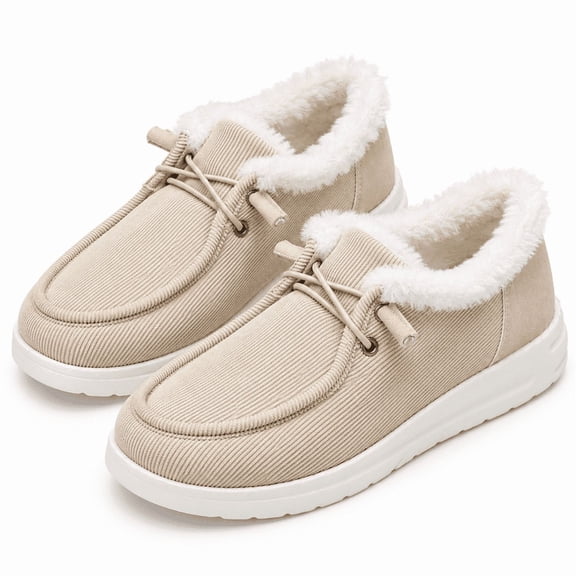 Mikdeno Women's Faux Fur Lined Slip On Loafers, Warm Fuzzy Corduroy Moccasins for Winter, Casual Walking Shoes with Elastic Laces