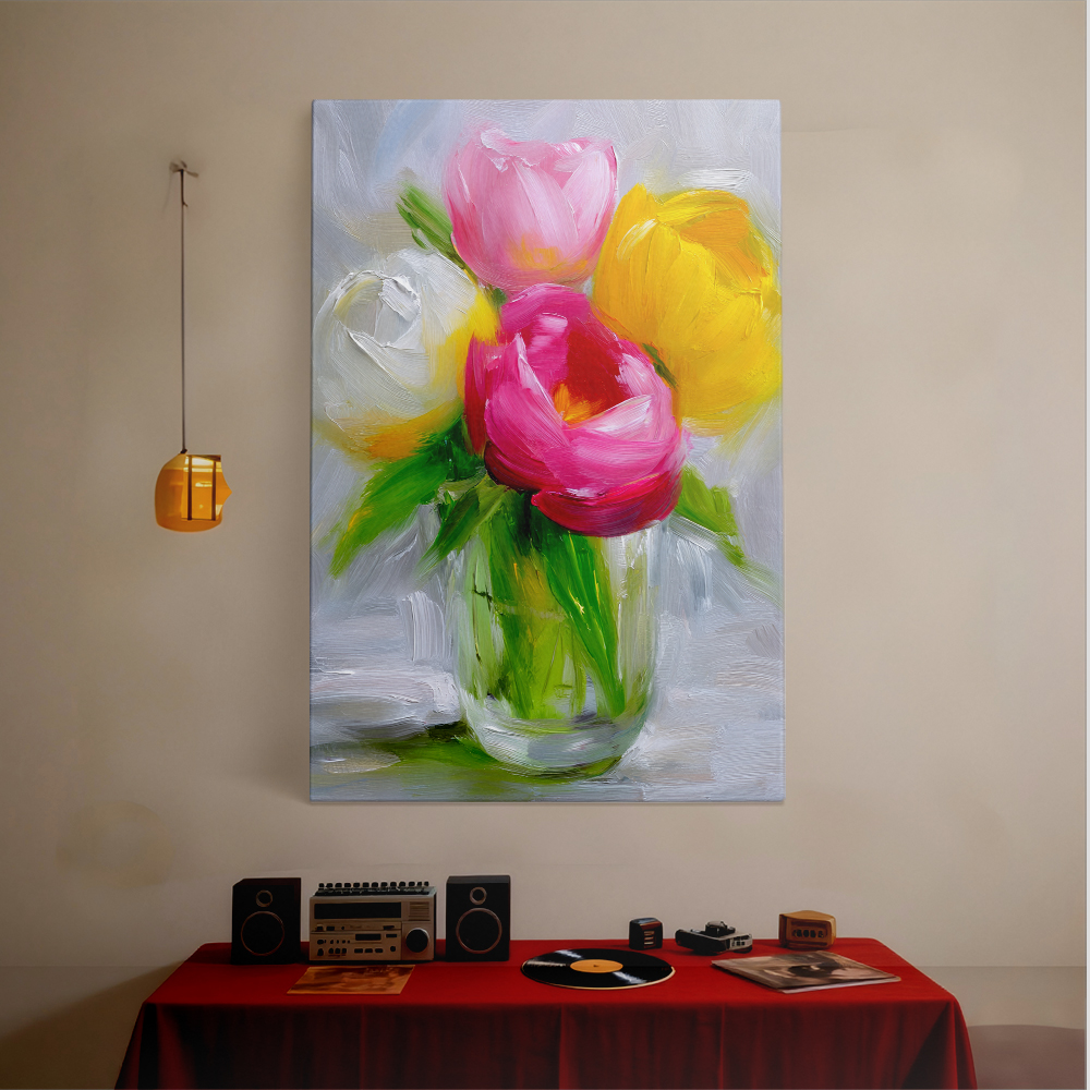 Topbout Art Abstract Painting Style Tulips in a Glass Vase 28 in x 40 in Framed Painting Canvas Art Prints