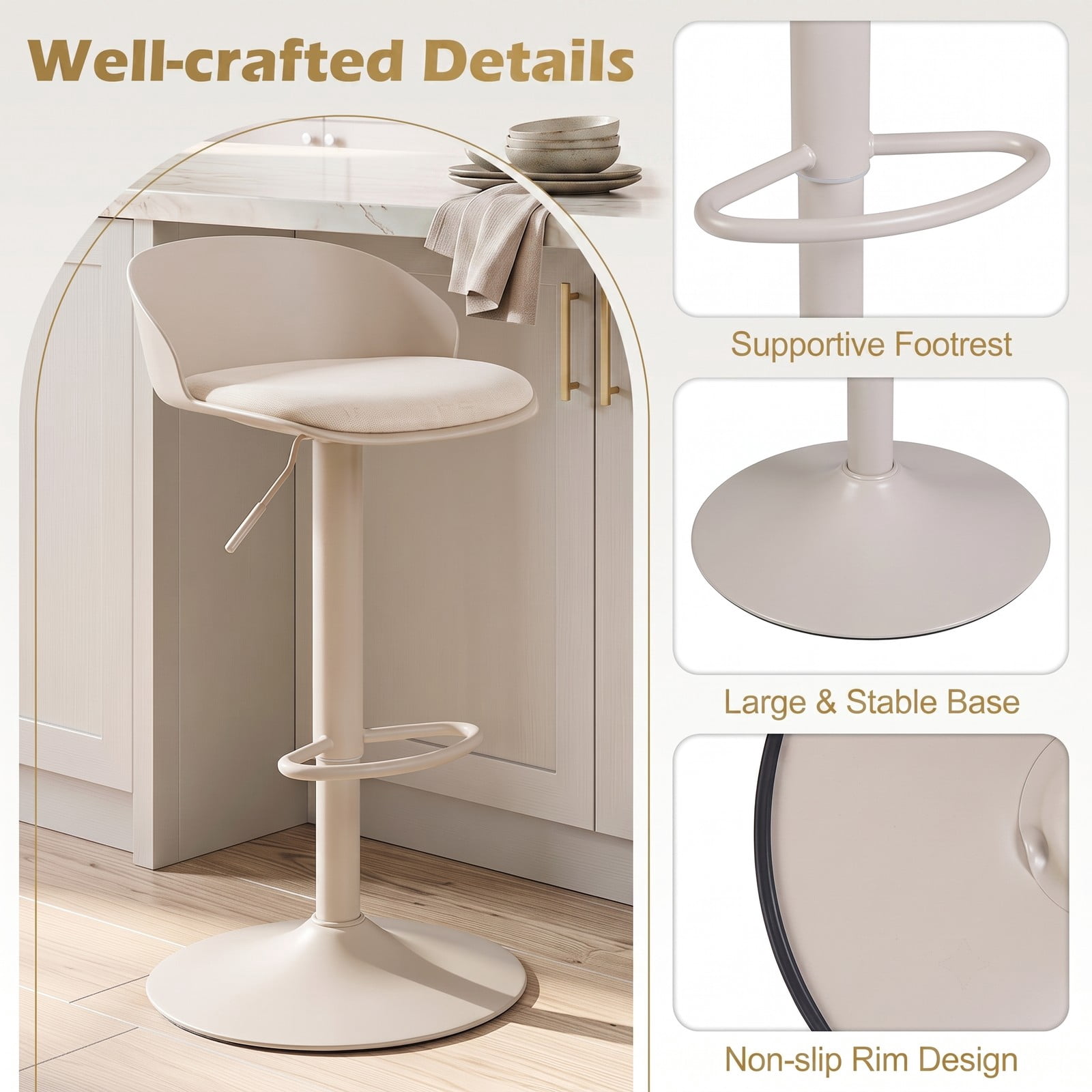 Furnibear Set of 2 Adjustable Swivel Bar Stools with Back and Footrest, 360 Degree Rotating Counter Height Barstools for Kitchen Island Dining Pub, 330 LBS, Cream