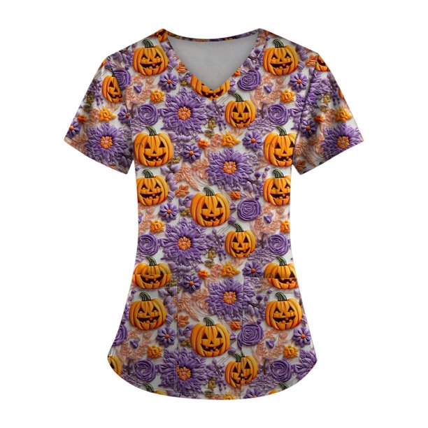 Uniforme médico de manga corta con cuello en V y estampado divertido, cómodo y con temática de Halloween para mujer