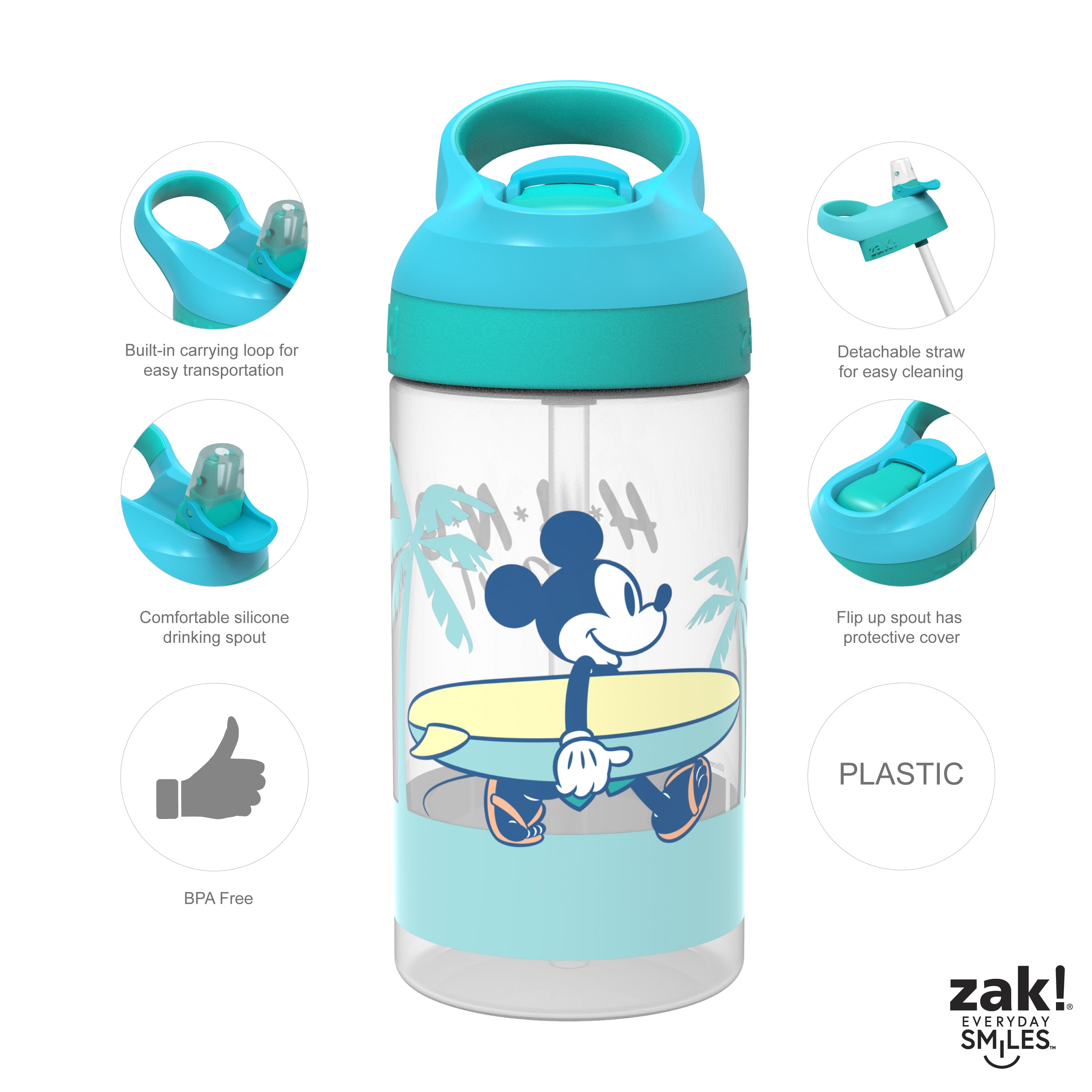 Zak Designs 2pc 16 oz Disney Kids Water Bottle Plastic with Easy-Open  Locking Spout Cover for Travel, Princess 