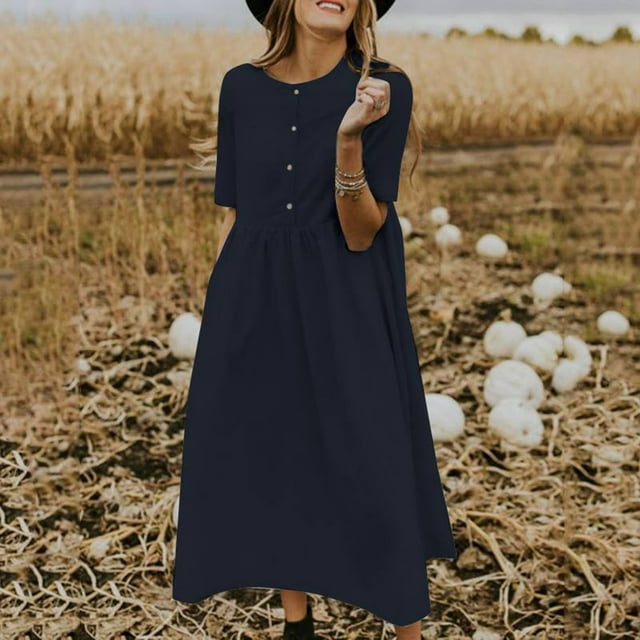 Weiqiqre Robes pour Femmes 2024 Femmes Été Décontracté Uni Manches Courtes Robes Bouton Coton Lin Robe Ample Rabais