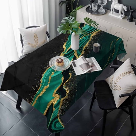 Green Marble Table Cloth Waterproof Tablecloths Gold Abstract Vintage Modern Ombre Art Tablecloth Dining Table Cover for Kitchen Party Tabletop Outdoor Rectangle Tablecloth 54x108 Inch