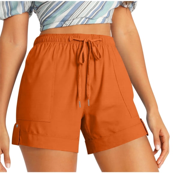 AVTOIFY Summer Womens Shorts Casual, Womens Plus Size Comfy Drawstring Casual Elastic Waist Pocket Loose Shorts Pants Orange L
