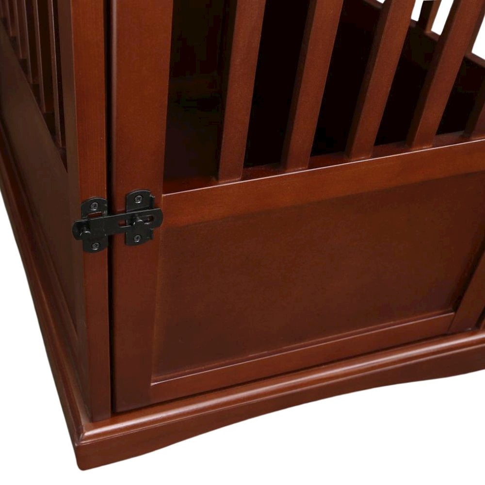 FurniFact Walnut Dog Kennel Furniture with Gate, Solid Wood Dog Crate End Table