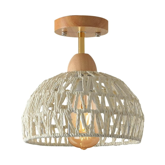FSLiving RV Hardwired White Dome Hemp Rope Wall Light, 12V Retro Wood RV Decorative Light Ceiling Light Flower Fixtures Ceiling Mount, E26 2700K Bulb Included Country Semi Flush Mount for RV Camper