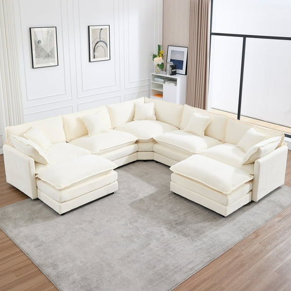 GNIXUU 113.4 " U-Shaped Cloud Couch ,Oversized Sectional Sofa with 2 Ottomans,Modern Chenille Deep Seat Modular 7-Seater Corner Couches for Living Room, Office,White