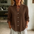 thumbnail image 5 of Cotton Linen Button Down Shirt for Women Ghalytn V Neck Stand Collar Blouse - Long Sleeve Casual Top with Pockets, 5 of 8
