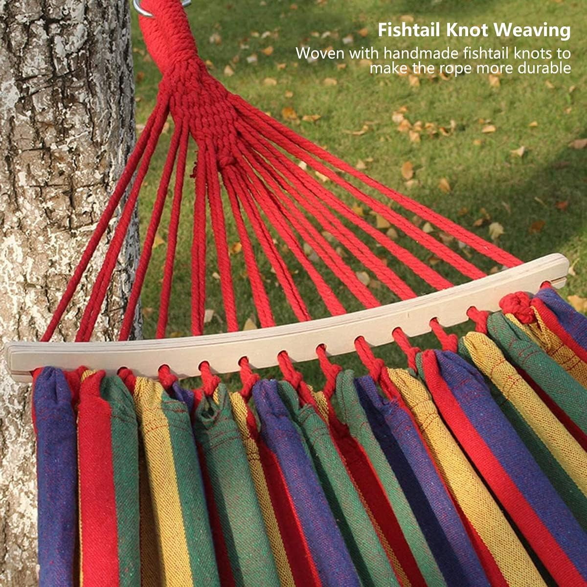 DUANJY Cotton Canvas Hammock, Double Boho Hammocks with Decorative Fringe , Portable Camping Indoor Outdoor Garden Hammock Swing with Travel Bag, 440lb Load Capacity