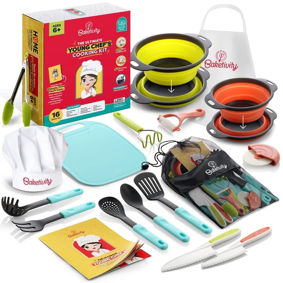 Baketivity Kids Cooking Set Real Utensils With Kitchen Tool Guide - Complete Junior Cooking Set Gift For Girls Or Boys With Mixin