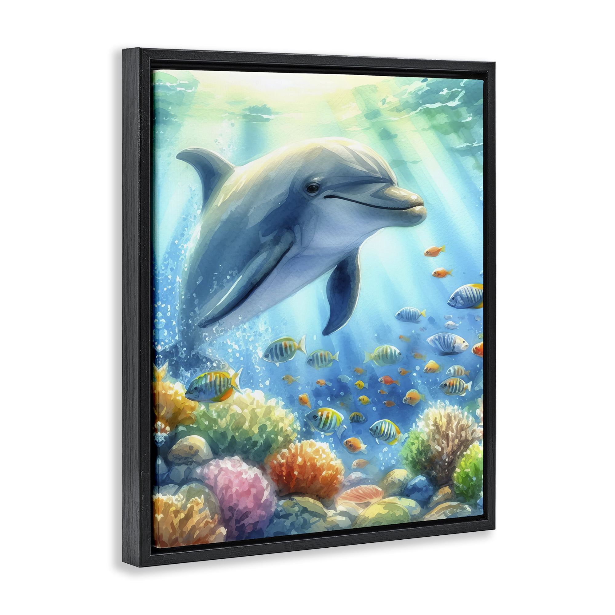 Stupell Industries Majestic Dolphin Underwater Nautical & Beach Painting Black Floater Framed Canvas Art Print Wall Art, 25 x 31
