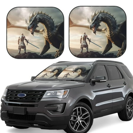 Hirioo Swordsman Cool Dragon for 2PCS Windshield Sun Shade Foldable | Front Windshield Shade for Sun Heat and UV Rays-Medium