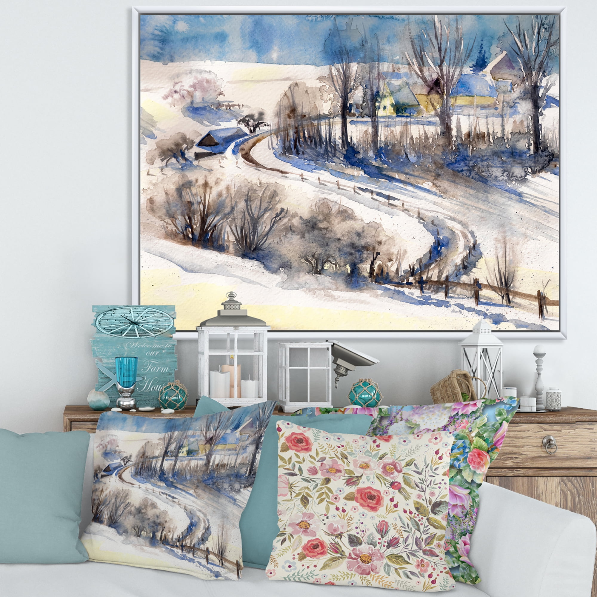 Designart 'Country Road In Winter Times Landscape I' Traditional Framed Canvas Wall Art Print
