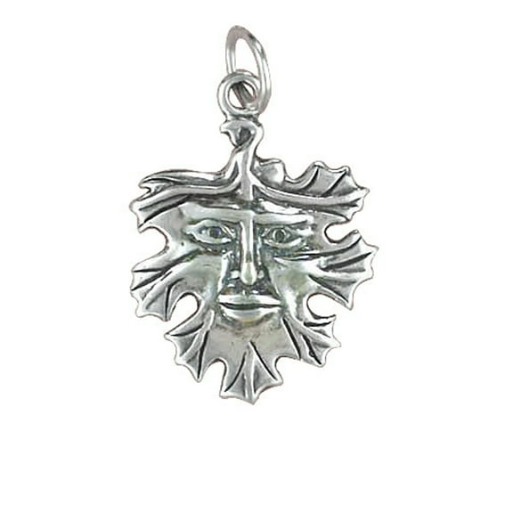 Sterling Silver 16" .8mm Box Chain Green Man Leaf Pendant Necklace