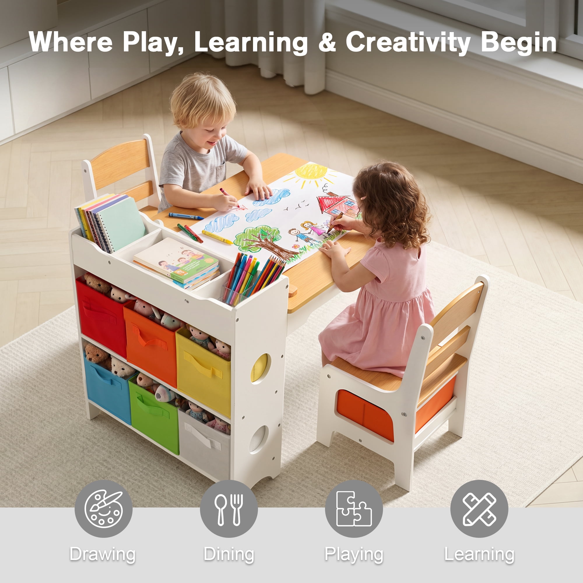 LINLUX Kids Art Table w/Easel, Kids Craft Table & Chair Set for Drawing, Child Activity Table, Natural