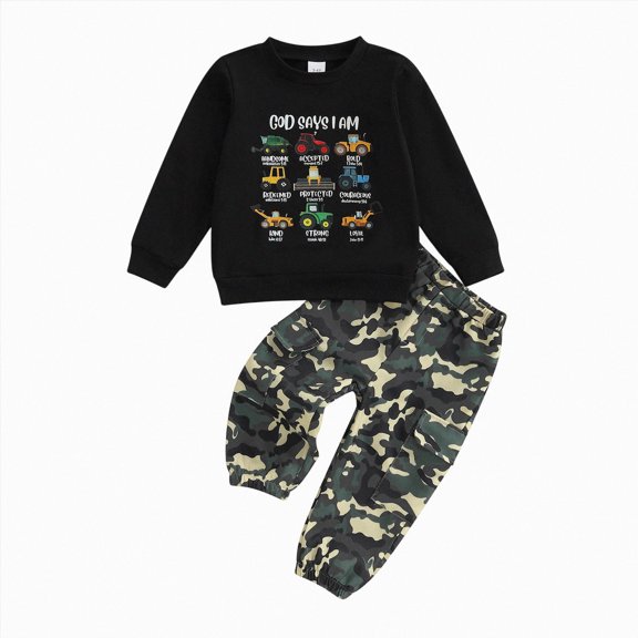 Toddler Boys Clothes Fall Winter Outfit Sets,18 24 Months 1T 2T 3T 4T 5T Baby Boy Girl Long Sleeve Round Neck Car Pattern Elastic Camo Pants 2PCS Playwear Set,18-24 Months,Black