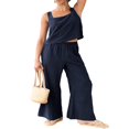 thumbnail image 2 of Femmes 2 Piece Outfits Col Carré Coton Débardeur Crop Top Jambe Large Pantalon Correspondant Lounge Set Survêtement Poches, 2 of 8