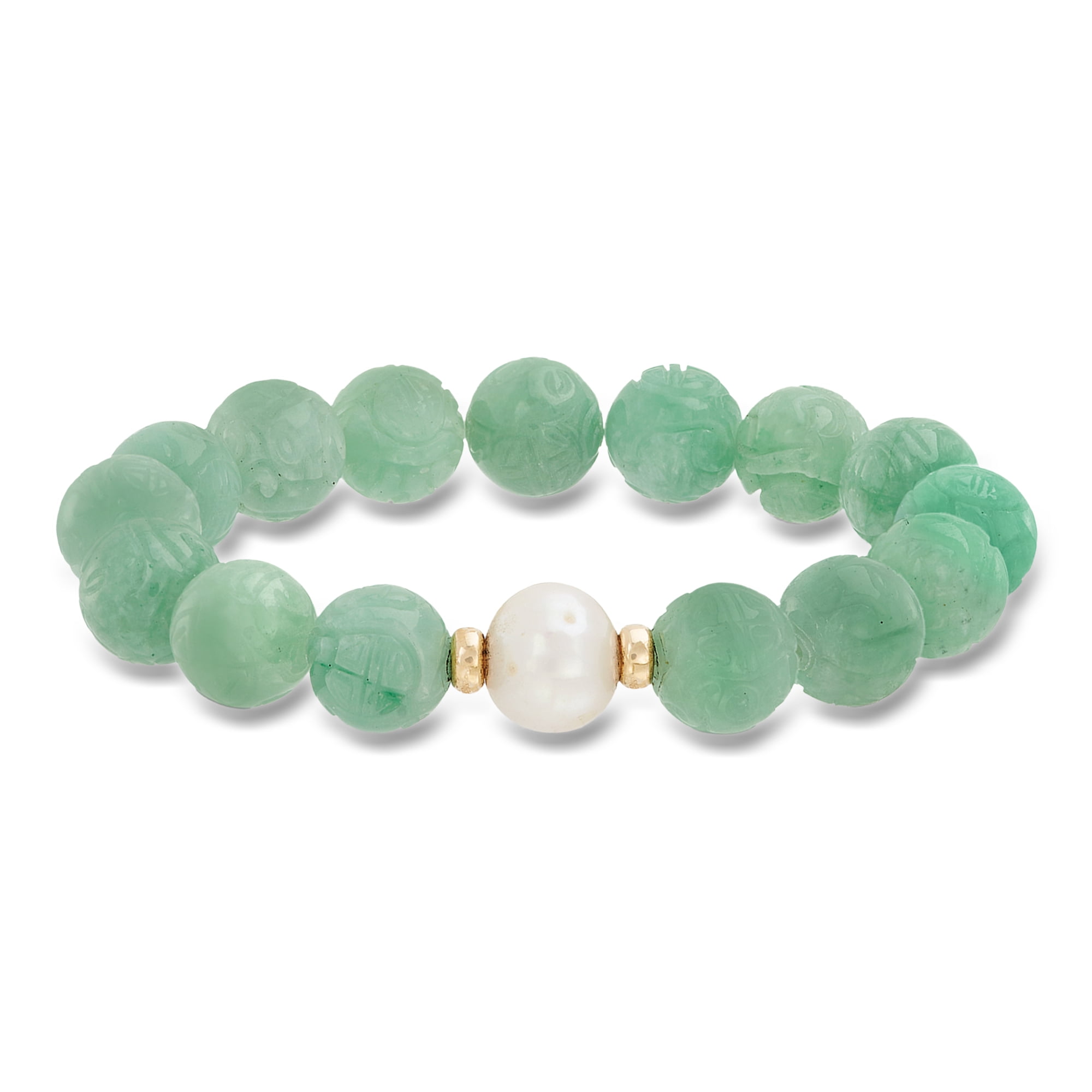 Ross-Simons 11-12mm Cultured Pearl and Carved Jade Chinese "Dragon" Beaded Stretch Bracelet With 14kt Yellow Gold, Women's, Adult