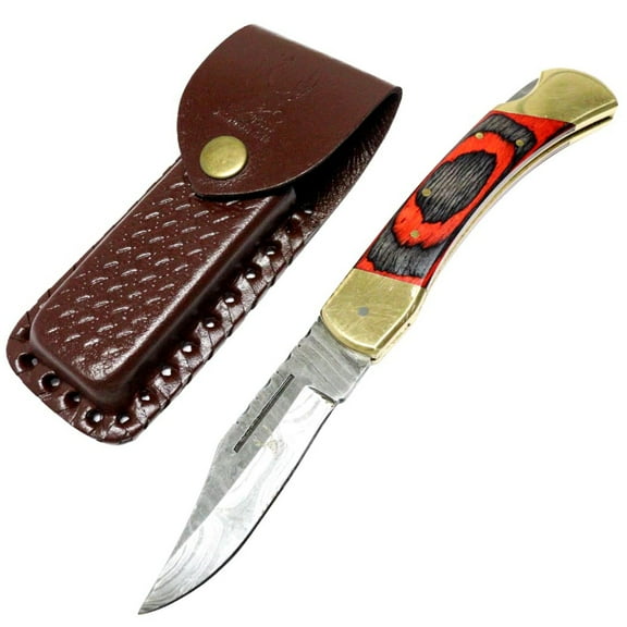 TheBoneEdge 9" Hunting Folding Knife Damascus Steel Red  Black Wood Handle Hand Made Ne