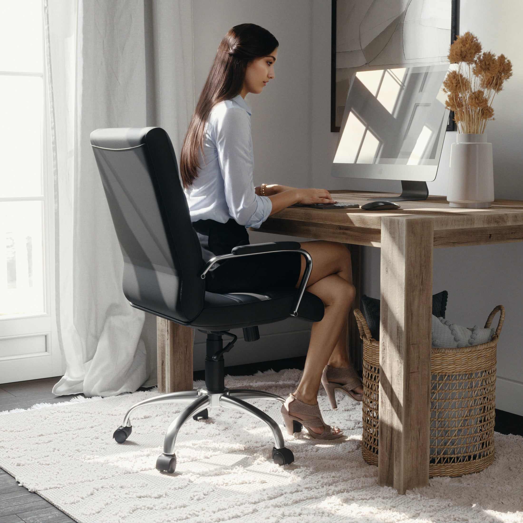 Flash Furniture Whitney Mid-Back Swivel LeatherSoft Desk Chair with Armrests, Black/Chrome
