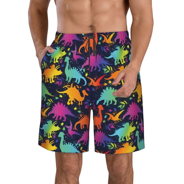 Fotbe Colorful Dinosaur Trajes de Baño Estampados para Hombre, Shorts de Verano de Secado Rápido, Ropa de Playa, Bañadores-Small