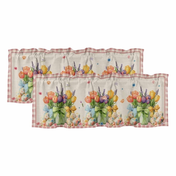 2 Pack Valances for Window, Spring Easter Short Curtains for Kitchen Bedroom Living Room, Colorful Tulip Floral Eggs Pink Plaid Rustic Rod Pocket Small Window Treatment Valance Drapes 42 x 12 Inch